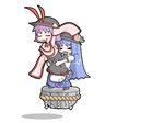  &gt;_&lt; blue_hair carrying closed_eyes food fruit hat hinanawi_tenshi keystone kureha_mitsushige long_hair multiple_girls nagae_iku peach purple_hair rope saboten_pose saturday_night_fever shimenawa short_hair touhou 