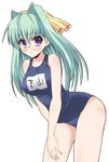  blue_eyes breasts glasses green_hair kannagi_itsuki medium_breasts one-piece_swimsuit ribbon school_swimsuit shimoyama_mutsumi shinshin solo sora_wo_kakeru_shoujo swimsuit 