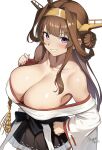  1girl ahoge bare_shoulders blush breasts brown_hair cleavage detached_sleeves double_bun from_above hair_bun hairband headgear highres huge_breasts japanese_clothes kantai_collection kongou_(kancolle) long_hair nagare_(flow) nontraditional_miko off_shoulder open_mouth purple_eyes ribbon-trimmed_sleeves ribbon_trim skirt smile solo 