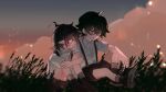  2boys aged_down ahoge ankle_boots bad_anatomy black_hair boots brown_boots brown_shorts child chinese_commentary chromatic_aberration closed_mouth cloud collared_shirt commentary_request crossed_arms crossed_bangs cumulonimbus_cloud double-parted_bangs elbow_rest flipped_hair full_body gatling_pea_(plants_vs_zombies) grey_sky hair_between_eyes highres knee_up knees_up light_particles male_focus medium_hair multiple_boys outdoors personification plants_vs._zombies plants_vs._zombies_2 pointy_ears profile shadow_peashooter_(plants_vs_zombies) shirt short_hair short_sleeves shorts siiiiiiiiiii sitting sky suspender_shorts suspenders v-shaped_eyebrows weeds white_shirt 