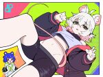  10qi 2girls :d absurdres ahoge animal_ear_fluff animal_ears bags_under_eyes bare_shoulders bear_ears bear_girl bike_shorts black_jacket black_shirt black_shorts blue_hair blunt_bangs blunt_sidelocks border borrowed_character buttons center-flap_bangs colored_tips commentary cosplay costume_switch covered_collarbone crop_top crop_top_overhang cropped_shirt curled_fingers curled_tail cut-in dot_nose double-parted_bangs dutch_angle ear_piercing english_commentary extra_ears eyebrows_hidden_by_hair fang feet_out_of_frame flat_chest flipped_hair from_below gift_art green_eyes green_hoodie green_sleeve_cuffs grey_hoodie grey_shirt grin gris_(vertigris) groin hair_between_eyes hair_flaps half-closed_eyes half_updo hands_up happy highres hood hood_down hooded_jacket hoodie jacket leg_up logo long_eyelashes long_sleeves looking_at_self looking_down midriff mouse_ears mouse_girl mouse_tail multicolored_hair multiple_girls multiple_piercings narrowed_eyes navel off-shoulder_shirt off_shoulder open_clothes open_jacket open_mouth original partially_shaded_face perl_(vertigris) piercing pink_eyes pink_hair pink_jacket pink_tail pink_trim pocket ponytail print_hoodie puffy_long_sleeves puffy_sleeves raised_eyebrows red_eyes shirt short_hair short_ponytail short_shorts shorts sidelocks skindentation sleeveless sleeveless_shirt sleeves_past_fingers sleeves_past_wrists smile solo_focus sparkle standing standing_on_one_leg tail tail_around_waist tail_raised tareme thick_eyelashes thighs tsurime turtleneck turtleneck_shirt two-sided_fabric two-sided_jacket two-tone_hair unbuttoned upper_body white_border white_hair white_hoodie white_shirt wide-eyed 