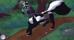 absurd_res book clothing emil eyewear forest glasgow_smile glasses grin hi_res hiking hyperchibiabsol male mammal mammal_taur mephitid mephitid_taur pawpads paws plant shirt sidebag skunk skunk_taur smile taur topwear tree tunic
