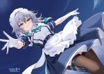  1girl absurdres apron aqua_bow aqua_eyes artist_name belt bow braid breasts brown_thighhighs chinese_commentary commentary_request dated embellished_costume gloves grey_hair hair_bow highres ineedu041_tako izayoi_sakuya knife long_hair looking_at_viewer maid maid_headdress puffy_short_sleeves puffy_sleeves short_sleeves signature smile solo thigh_strap thighhighs touhou touhou_gensou_eclipse twin_braids waist_apron white_apron white_gloves 