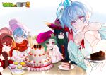  2girls 3boys :d ^_^ absurdres anniversary bare_shoulders beanie black_choker black_hair black_hairband blue_background blue_coat blue_dress blue_eyes blue_hair blurry bow bowtie breasts brown_gloves cake cake_slice chinese_commentary chocolate_cake choker closed_eyes closed_mouth coat collared_shirt colored_eyelashes commentary_request copyright_name crossed_bangs curtained_hair depth_of_field double-parted_bangs dress elbow_gloves fire_peashooter food food_on_face gloves gradient_background green_hair grimrose_(plants_vs._zombies) grin hair_between_eyes hair_bow hairband hand_on_own_chin hat hat_ornament high_side_ponytail highres holding holding_plate holding_tissue incoming_food large_hat looking_at_another looking_at_viewer looking_back macaron missile_toe_(plants_vs_zombies) multiple_boys multiple_girls official_alternate_costume open_clothes open_coat open_mouth pale_skin personification pink_hat plants_vs._zombies plants_vs._zombies_2 plate pom_pom_(clothes) pom_pom_beanie profile puffy_sleeves purple_eyes red_bow red_bowtie red_hair red_scarf red_shirt ribbed_shirt scarf shirt side_ponytail sidelocks siiiiiiiiiii simple_background sleeveless sleeveless_dress small_breasts smile snow_pea_(plants_vs_zombies) star_(symbol) star_hat_ornament strawberry_cake table thyme_warp tiered_tray turning_head upper_body white_background 