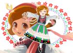  1girl ^_^ apocalypse_hotel bandana black_shoes black_vest blush_stickers brown_eyes brown_hair closed_eyes collared_shirt commentary cropped_shoulders dress flower full_body hair_ornament happy highres jewelry leaf_hair_ornament long_skirt looking_at_viewer looking_back montaro482436 multicolored_skirt multiple_necklaces multiple_views necklace official_alternate_costume open_mouth outstretched_arms pearl_necklace pink_bandana polish_clothes ponko_procione raccoon_girl raccoon_tail red_flower shirt shoes short_hair simple_background skirt smile spread_arms standing standing_on_one_leg striped_clothes striped_skirt tail tanuki thighhighs vertical-striped_clothes vertical-striped_skirt vest white_background white_shirt white_thighhighs 