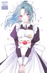  1girl absurdres alternate_costume apron ayamisiro blue_eyes bow dress final_fantasy final_fantasy_vi green_hair hair_bow highres looking_at_viewer maid maid_apron moogle ponytail terra_branford white_background 