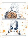  1boy 1girl black_choker bodysuit bouquet cat_earth2 choker final_fantasy final_fantasy_ix flower garnet_til_alexandros_xvii half-closed_eyes highres holding holding_bouquet light_smile long_hair low_ponytail orange_bodysuit parted_bangs parted_lips ponytail rose shirt swept_bangs white_background white_shirt wide-eyed zidane_tribal 