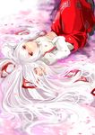  cherry_blossoms fujiwara_no_mokou long_hair lying mosuke solo suspenders touhou white_hair 
