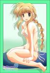  barefoot bikini blonde_hair braid green_eyes kneeling robot_ears silfa solo swimsuit tamaki_(diarie_inaiinaibaa) to_heart_2 