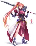  1girl armored_gloves armored_shoes black_gloves boots breasts character_name closed_mouth commentary_request copyright_name cropped_jacket dress elbow_gloves fingerless_gloves full_body gloves green_eyes hair_ribbon high_ponytail highres holding holding_sword holding_weapon laevatein_(nanoha) large_breasts long_hair looking_at_viewer lyrical_nanoha magical_girl mahou_shoujo_lyrical_nanoha_reflection over_shoulder paid_reward_available pelvic_curtain pink_dress pink_hair ponytail puffy_sleeves ribbon short_sleeves side_slit signum simple_background solo sougetsu_izuki standing sword sword_over_shoulder thighs very_long_hair w_arms waist_cape weapon weapon_over_shoulder white_background yellow_ribbon 