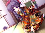  blush flower game_cg hanging_scroll japanese_clothes kimono mikeou miraroma purple_eyes purple_hair scroll seiza sitting solo tatami tea yuuki_yukie 