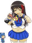  2k-tan belly black_hair blue_skirt closed_eyes coca-cola drink fat hair_ornament long_hair love_handles michael muffin_top multiple_girls navel os-tan plump skirt soda thighhighs translation_request x_hair_ornament xp-tan 