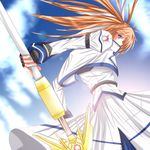  artist_request blue_sky emblem from_behind holding holding_weapon long_hair long_sleeves looking_back lyrical_nanoha magical_girl mahou_shoujo_lyrical_nanoha_strikers raising_heart rod sky solo staff takamachi_nanoha twintails uniform very_long_hair weapon 