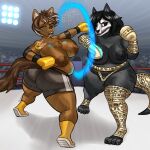 1:1 absurd_res anthro barefoot belly big_breasts big_butt bone boots boxing boxing_gloves breasts butt canid canine clothed clothing duo fan_character feet female female/female fighting_ring footwear handwear hexecat hi_res mal0 mammal mouthguard overweight scp-1471-a scp_foundation shoes skimpy skull skull_head sport topless