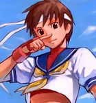  blue_sailor_collar brown_eyes brown_hair cloud day fingerless_gloves gloves headband kasugano_sakura lowres midriff non-web_source sailor_collar school_uniform serafuku short_hair sky solo street_fighter 