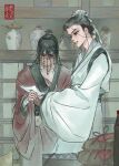  2boys absurdres bag bandaged_arm bandages black_eyes black_hair bottle box bun_cover chinese_clothes chinese_commentary chumo-qulingxiao coin coin_mask coin_on_string covered_mouth dao_gui_yi_xian faux_traditional_media gourd hair_bun hair_ribbon half_updo hanfu height_difference highres holding holding_paper holed_coin indoors ink_wash_painting li_huowang long_hair long_sleeves looking_at_object looking_down male_focus mask mouth_veil multiple_boys paper parted_lips red_hanfu ribbon robe scar scar_on_chest seal_impression shelf single_hair_bun smile standing updo vase veil white_hanfu white_ribbon wide_sleeves zhuge_yuan 