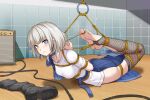  1girl arms_behind_back bang_dream! bang_dream!_it&#039;s_mygo!!!!! barefoot bdsm black_thighhighs blue_eyes bondage boots bound bound_arms bound_legs breasts choker collarbone fishnet_thighhighs fishnets full_body grey_choker grey_hair haimei1980 heterochromia hogtie indoors kaname_raana looking_at_viewer lying medium_hair no_panties on_stomach shibari shirt skindentation small_breasts solo stirrup_legwear t-shirt thighhighs toeless_legwear unworn_boots white_shirt yellow_eyes 