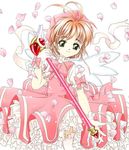  bow brown_hair cardcaptor_sakura dress frilled_dress frills fuuin_no_tsue glove_bow gloves hat jpeg_artifacts kinomoto_sakura magical_girl petals petticoat pink_bow pink_hat ribbon rod solo tom_(1art.) wand white_gloves wings 