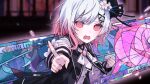  1girl beret black_hat black_jacket clenched_hand commentary_request danganronpa_(series) flower furrowed_brow hair_flower hair_ornament hat highres jacket long_sleeves looking_at_viewer mahou_shoujo_no_majo_saiban multicolored_hair neck_ribbon official_art open_mouth parody pink_hair pointing pointing_at_viewer ribbon sakuraba_ema second-party_source short_hair solo stained_glass umemaro_(siona0908) upper_body white_flower white_hair white_ribbon x_hair_ornament 