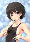  amagami bad_id bad_pixiv_id black_hair breasts brown_eyes cleavage competition_swimsuit fujisawa_takashi medium_breasts nanasaki_ai one-piece_swimsuit one-piece_tan shiny shiny_skin short_hair sideboob solo swimsuit tan tanline upper_body 