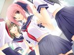  dutch_angle game_cg iizuki_tasuku kirihara_mana long_hair multiple_girls non-web_source pink_eyes pink_hair ponytail school_uniform serafuku temptation temptation_h thighhighs zettai_ryouiki 