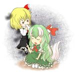  blonde_hair blush bow chibi dress eating ex-keine fang frills green_hair hair_ribbon horns kamishirasawa_keine multiple_girls ribbon rumia suiyou_taruta tail touhou 