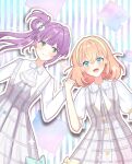  2girls :d ascot blue_background blue_eyes blush bourei_(lvle_aqhs) bow bowtie cerise_bouquet closed_mouth dress eye_contact green_eyes grey_dress hair_bun hair_intakes hairband hand_up highres hinoshita_kaho holding_hands holiday_holiday_(love_live!) interlocked_fingers link!_like!_love_live! long_hair long_sleeves looking_at_another love_live! medium_hair multiple_girls official_alternate_costume open_mouth orange_hair otomune_kozue plaid_clothes plaid_dress puffy_short_sleeves puffy_sleeves purple_hair short_sleeves side_ponytail sidelocks single_side_bun smile split_mouth two_side_up vertical-striped_background virtual_youtuber white_ascot white_bow white_bowtie white_sleeves yellow_hairband 