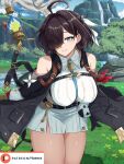  1girl ahoge atelier_(series) atelier_yumia bare_shoulders black_coat blush breasts clothing_cutout coat cowboy_shot dress fgsketch grass hair_over_one_eye highres large_breasts mole mole_under_eye outdoors purple_eyes short_dress short_hair shoulder_cutout solo white_dress yumia_liessfeldt 