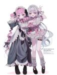  &gt;:( 2girls :&lt; :d annoyed apron arm_under_breasts artist_name asymmetrical_docking black_boots black_bow black_dress black_shoes blush boots bow bowtie breast_press breasts buttons claw_pose cleavage cleavage_cutout closed_mouth clothing_cutout commentary_request corset cross cross_necklace dress drill_hair eyelashes frilled_apron frilled_dress frills frown full_body grey_eyes hair_bow hair_intakes hand_up heart heart-shaped_hair heart_o-ring highres himeyuri_yuriha jewelry kote1 lace-up_boots leg_warmers loafers long_dress long_hair looking_at_viewer maid maid_apron maid_headdress microdress multicolored_hair multiple_girls neck_ribbon necklace o-ring o-ring_thigh_strap open_mouth original paw_print paw_print_pattern pink_bow pink_bowtie pink_dress pink_hair pink_ribbon pink_streaks print_sleeves puffy_short_sleeves puffy_sleeves purple_eyes rabbit_ornament ribbon shadow shoes short_sleeves side-by-side sidelocks simple_background skindentation smile square_neckline streaked_hair thigh_strap twin_drills twitter_username two-tone_hair underbust v-shaped_eyebrows very_long_hair w waist_bow watermark watermark_grid white_apron white_background white_corset white_hair white_leg_warmers white_wrist_cuffs wing_collar wrist_cuffs yurizono_yurina 
