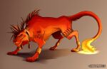 animal_genitalia black_markings brown_mane cheek_tuft closed_smile crazydrak ear_piercing ear_ring facial_tuft felid feral final_fantasy final_fantasy_vii fire flaming_tail fully_sheathed fur genitals hi_res male mammal mane markings mouth_closed narrowed_eyes orange_body orange_eyes orange_fur orange_tail piercing red_xiii ring_piercing sheath side_view signature simple_background smile solo square_enix tail tuft whiskers