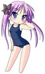  barefoot blue_eyes chibi hair_ribbon hiiragi_kagami long_hair lucky_star neopure one-piece_swimsuit purple_hair ribbon school_swimsuit solo swimsuit twintails 