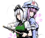  bad_id bad_pixiv_id blood hat hitodama japanese_clothes katana kimono konpaku_youmu konpaku_youmu_(ghost) multiple_girls osakana_(denpa_yun'yun) ribbon saigyouji_yuyuko sheath sword touhou unsheathing weapon white_hair 