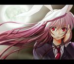  animal_ears bad_id bad_pixiv_id bunny_ears full_moon hand_on_own_face letterboxed long_hair looking_at_viewer moon necktie parted_lips purple_hair red_eyes red_neckwear reisen_udongein_inaba solo toho_(a) touhou upper_body wind 