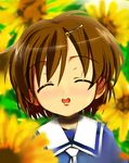  bad_id bad_pixiv_id brown_hair clannad closed_eyes flower hair_ornament hairpin highres kohinore okazaki_ushio open_mouth school_uniform short_hair solo sunflower 