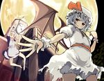  barefoot foreshortening gigokku hands hat izayoi_sakuya jumping maid moon multiple_girls pose remilia_scarlet ribbon scarlet_devil_mansion short_hair torn_clothes touhou wings 