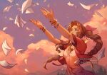  1girl aerith_gainsborough arms_up bangle bracelet braid braided_ponytail breasts brown_hair cleavage cloud cloudy_sky dress english_commentary falling_letter falling_paper falling_petals final_fantasy final_fantasy_vii final_fantasy_vii_rebirth final_fantasy_vii_remake green_eyes hair_ribbon jacket jewelry letter long_hair looking_up open_clothes open_hands open_jacket outdoors parted_bangs petals pink_dress pink_ribbon ponytail red_jacket ribbon short_sleeves sky small_breasts solo tears thar_chandran upper_body yellow_petals 