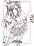  akimoto_dai bag blush brown glasses long_hair monochrome original school_bag school_uniform shoes sketch skirt solo thighhighs zettai_ryouiki 