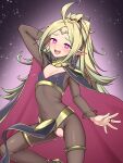  1girl ahoge alternate_costume arm_behind_head blonde_hair blush bodystocking cape circlet cleft_of_venus cosplay covered_navel fire_emblem fire_emblem_awakening flat_chest gold_trim gradient_background green_eyes heart heart-shaped_pupils highres lactation lactation_through_clothes long_hair looking_at_viewer multicolored_hair nowi_(fire_emblem) open_mouth pelvic_curtain pink_eyes pointy_ears ponytail pussy pussy_cutout pussy_juice sidelocks solo star_(sky) starry_sky_background symbol-shaped_pupils tharja_(fire_emblem) tharja_(fire_emblem)_(cosplay) two-tone_hair yotubeya 