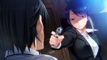  1boy 1girl ahoge aiming black_hair black_jacket breasts cabinet closed_mouth collared_shirt finger_on_trigger frown fumio_(ura_fmo) game_cg grey_eyes grisaia_(series) grisaia_no_rakuen gun handgun indoors jacket kazami_yuuji looking_at_another non-web_source official_art shirt short_hair sidelocks suit_jacket swept_bangs upper_body weapon white_shirt zoey_graham 