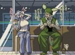  1boy 1girl :3 animal_ears bandana beer_can breasts byackopath_(artist) can chicken_(food) cigarette closed_eyes collared_shirt commentary_request commission convenience_store drink_can eating facial_hair familymart food fox_ears fried_chicken full_body genderswap genderswap_(ftm) goatee green_bandana green_pants green_vest grey_hair grey_pants hand_on_own_head holding holding_spoon large_breasts long_hair looking_at_another looking_to_the_side open_mouth outdoors pants pea_pod pixiv_commission pudding shirt shop sitting smoking spoon touhoku_itako translation_request utau vest voiceroid voicevox white_shirt zundamon 