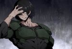  1boy akame_ga_kill! armor black_hair black_shirt blue_eyes bulat hand_on_own_head injury male_focus muscular muscular_male official_art rain shirt solo tashiro_tetsuya upper_body wet wet_hair 