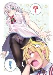  ! 1boy 1girl ? banana_peel bandage_on_hair black_pantyhose blush breasts closed_mouth dress embarrassed fang green_eyes hair_between_eyes highres horns large_breasts looking_at_viewer looking_down oni open_mouth original panties panties_under_pantyhose pantyhose pantyshot pointy_ears purple_panties red_eyes shiiba_hiromi short_hair single_horn skin-covered_horns spoken_exclamation_mark spoken_question_mark surprised underboob underwear white_dress white_hair yellow_eyes 