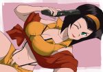  1girl breasts cleavage closed_mouth cowboy_bebop faye_valentine glock green_eyes gun hairband handgun highres holding holding_gun holding_weapon kajino_(aosansai) lipstick looking_at_viewer makeup navel one_eye_closed purple_hair short_hair shorts solo weapon yellow_hairband 