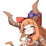  1girl :3 blush bow closed_eyes hair_bow highres horn_ornament horns ibuki_suika long_hair low-tied_long_hair oni orange_hair purple_ribbon red_bow red_ribbon ribbon shiki_karin shirt shorts simple_background solo touhou upper_body white_background white_shorts 