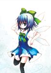  black_legwear blue_dress blue_eyes blue_hair bow bowtie catbell cirno cowboy_shot dress green_bow green_neckwear puffy_short_sleeves puffy_sleeves short_sleeves simple_background solo standing standing_on_one_leg thighhighs touhou white_background zettai_ryouiki 