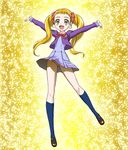  arms_up hajime_(caramel_toone) kasugano_urara_(yes!_precure_5) l'ecole_des_cinq_lumieres_school_uniform panties pantyshot precure purple_skirt school_uniform skirt twintails underwear upskirt yellow_background yes!_precure_5 