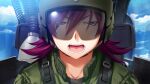  1girl cloud cockpit day flight_suit fumio_(ura_fmo) game_cg green_helmet green_jumpsuit grisaia_(series) grisaia_no_rakuen hair_between_eyes helmet jumpsuit large_variant_set looking_at_viewer medium_hair milliela_stanfield non-web_source official_art open_mouth pilot_helmet portrait purple_eyes purple_hair solo v-shaped_eyebrows variant_set 