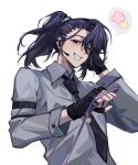  1boy absurdres aqua_eyes black_eyes black_gloves collared_shirt fingerless_gloves full-stop_office_(identity)_(project_moon) gloves grey_shirt hand_on_own_head headset heterochromia high_ponytail highres holding holding_leash hong_lu_(project_moon) leash limbus_company long_hair long_sleeves looking_at_viewer male_focus mikan_ckc ponytail project_moon purple_hair shirt simple_background smile solo speech_bubble spoken_flower upper_body white_background 