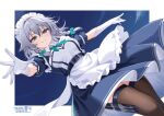 1girl absurdres apron aqua_bow aqua_eyes artist_name belt border bow braid breasts brown_thighhighs chinese_commentary commentary_request dated embellished_costume gloves grey_hair hair_bow highres ineedu041_tako izayoi_sakuya knife long_hair looking_at_viewer maid maid_headdress puffy_short_sleeves puffy_sleeves short_sleeves signature smile solo thigh_strap thighhighs touhou touhou_gensou_eclipse twin_braids waist_apron white_apron white_border white_gloves 