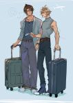  2boys aircraft airplane bare_arms bare_shoulders belt black_pantyhose blonde_hair blue_background blue_boots blue_eyes boots brown_belt brown_boots brown_hair chain chain_necklace cloud_strife final_fantasy final_fantasy_vii final_fantasy_viii full_body grey_shirt hair_between_eyes highres holding holding_ticket jacket jewelry looking_at_another male_focus multiple_boys necklace open_clothes open_jacket pantyhose rolling_suitcase scar scar_on_face scar_on_forehead shio_ga shirt short_hair sleeveless sleeveless_turtleneck spiked_hair squall_leonhart suitcase ticket turtleneck twitter_username 